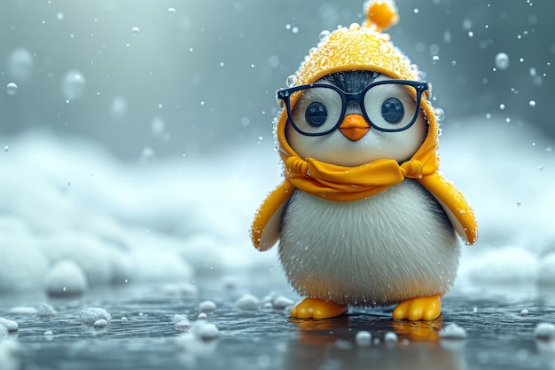 Un personaje de pingüino animado con botas amarillas ilustración 3D