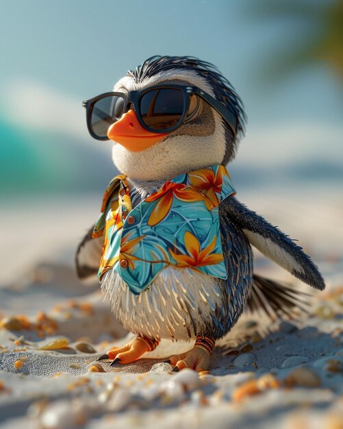 Foto un personaje de pingüino caprichoso en 3d con una camisa tropical y gafas de sol