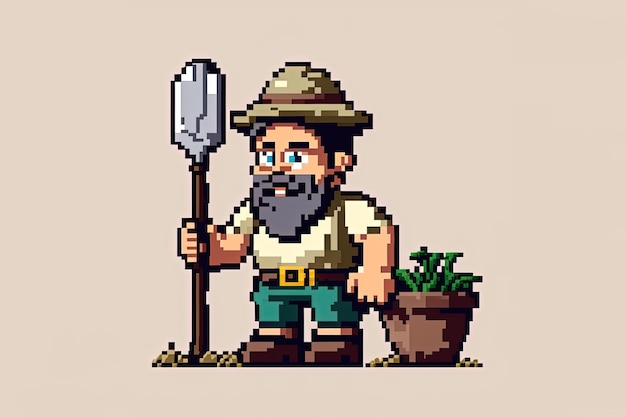 Foto personaje de pixel art de arqueólogo explorador e investigador para un personaje de juego de rol para un juego de 8 bits