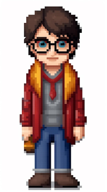 Un personaje de pixel art de un niño con gafas y un libro en la mano.