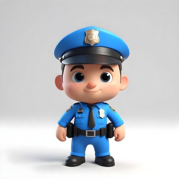Un personaje policial lindo en 3D sobre un fondo blanco.