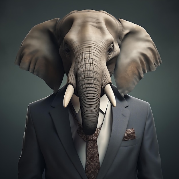 Personaje profesional de dibujos animados de elefante vestido con traje de negocios gris