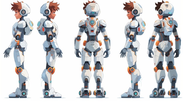 Foto un personaje robot animado con diferentes puntos de vista peinados emociones poses y gestos un personaje de inteligencia artificial y un cyborg ilustración vectorial aislada en dibujos animados