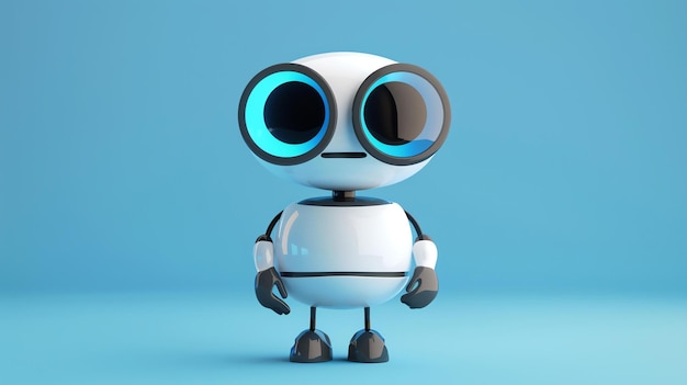 Un personaje robot lindo y amigable con grandes ojos tiene un cuerpo blanco y pies negros está de pie sobre un fondo azul