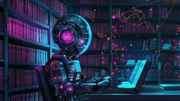 Un personaje robótico explora la literatura en una brillante biblioteca futurista llena de diversos libros