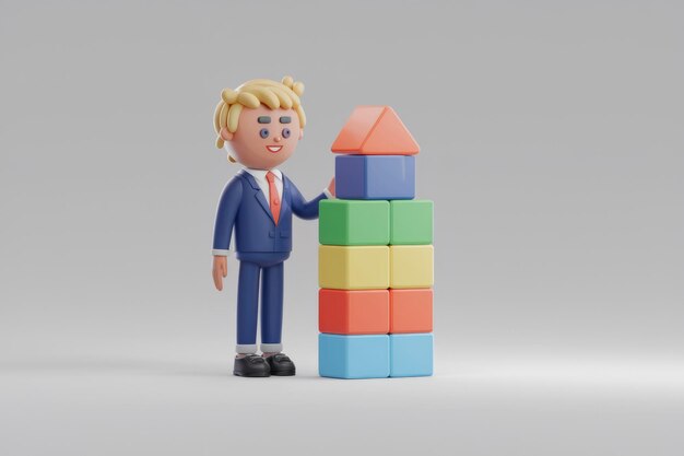 Personaje rubio sonriente en traje azul junto a la colorida pirámide de bloques