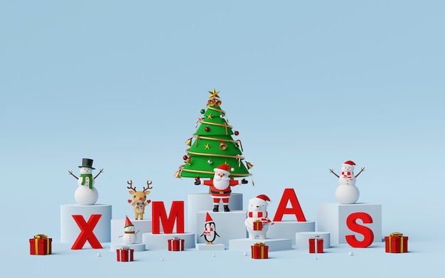 Personaje de Santa Claus y Navidad con letras XMAS render 3d