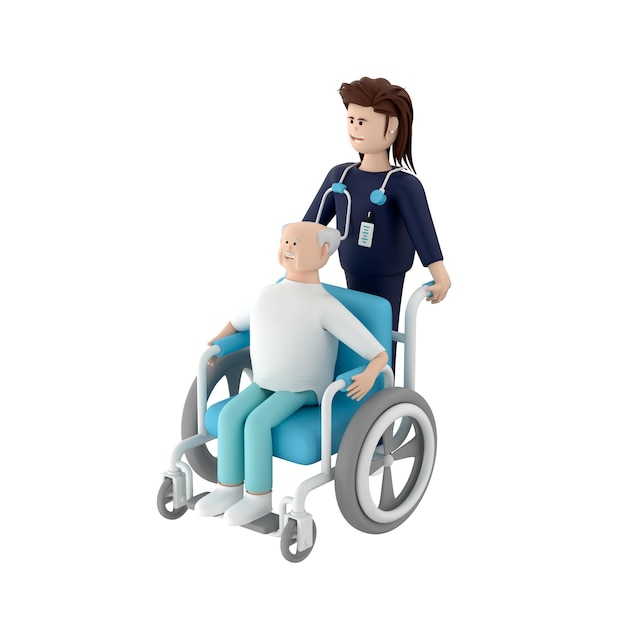 Personaje sénior sentado en una silla de ruedas mientras la doctora empuja desde atrás 3d render