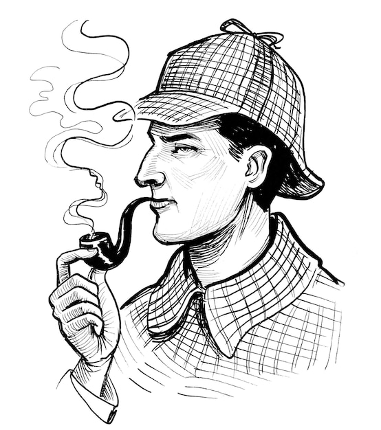 Personaje de Sherlock Holmes fumando en pipa. Dibujo a tinta en blanco y negro