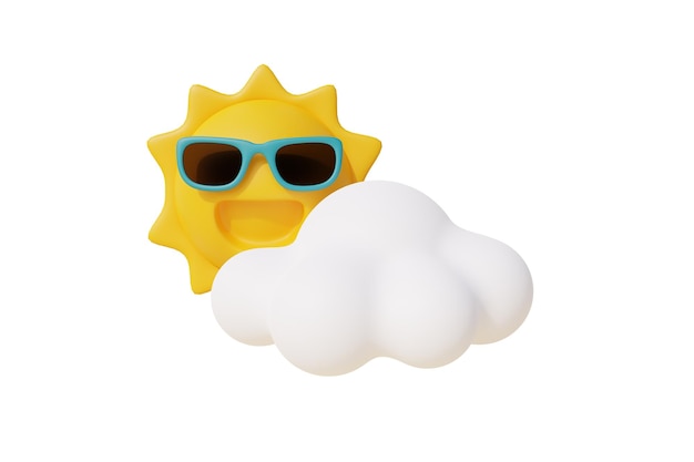 Personaje de sol 3d con gafas de sol con nubes Playa de arena tropical de verano en un día soleado Vacaciones de verano Representación 3d