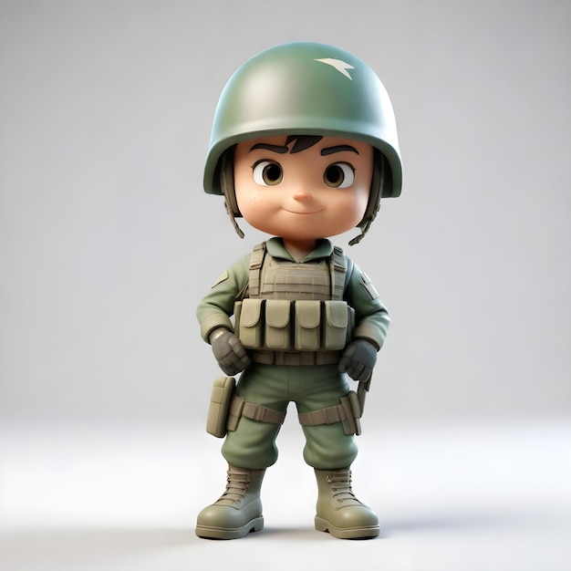 Un personaje de soldado bonito en 3D sobre un fondo blanco.