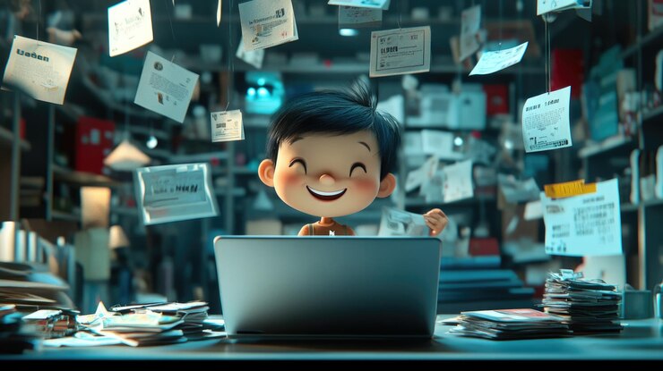 Foto personaje sonriente usando una computadora portátil con interfaz de centro comercial digital en un fondo sólido