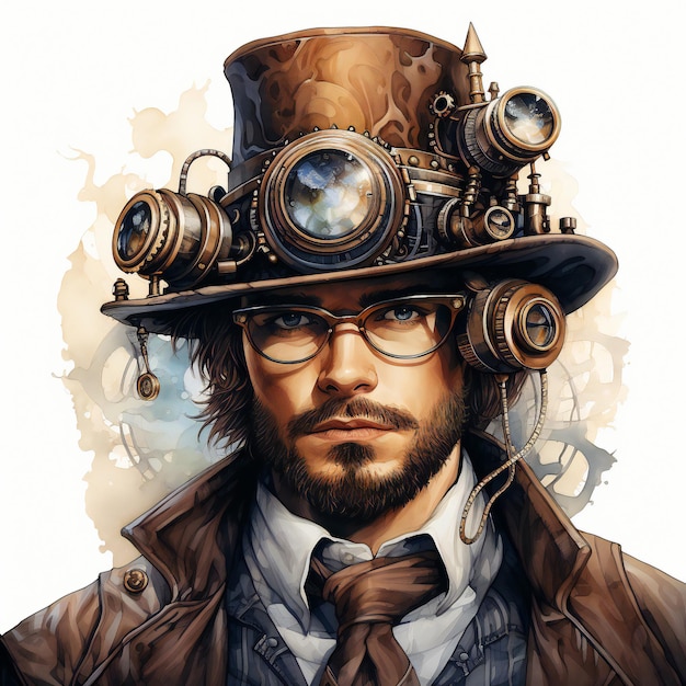 Personaje Steampunk confiado con un sombrero en fondo blanco