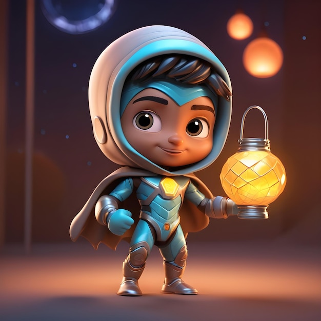 Un personaje de superhéroe árabe de dibujos animados en 3D y una linterna de Ramadán