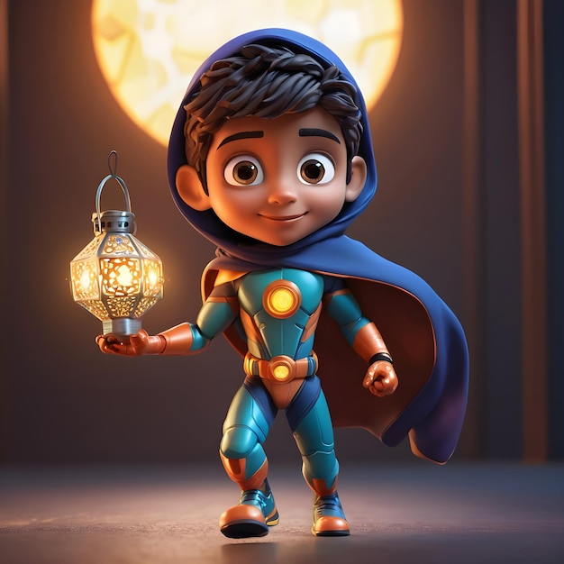 Un personaje de superhéroe árabe de dibujos animados en 3D y una linterna de Ramadán