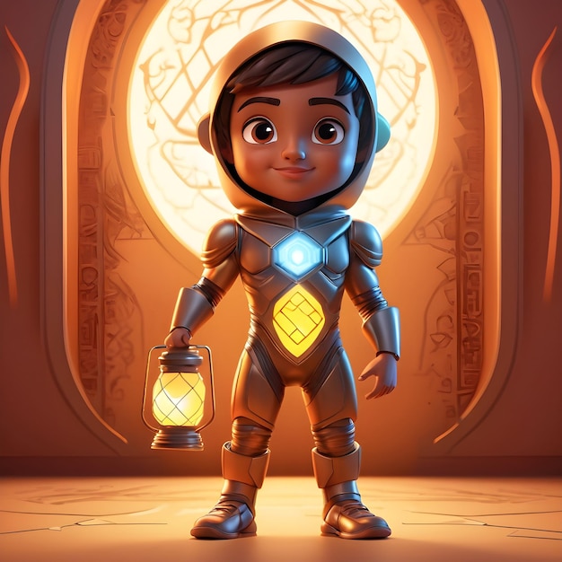 Un personaje de superhéroe árabe de dibujos animados en 3D y una linterna de Ramadán
