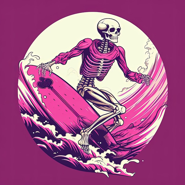 personaje de surfista esqueleto sosteniendo una tabla de surf al estilo del futurismo retro