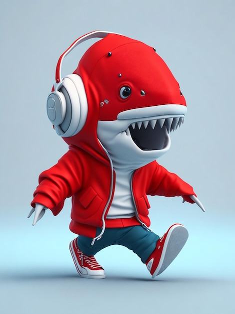 Un personaje de tiburón lindo en 3D con una sudadera roja