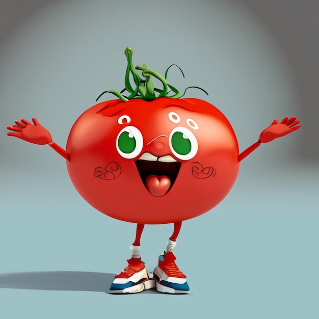 El personaje de un tomate lindo y divertido tiene dos piernas delgadas, usa un kochi y levanta la mano hacia el cielo.