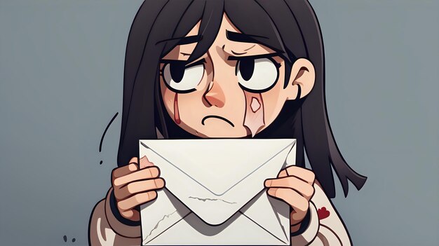Un personaje triste sosteniendo una carta rasgada que muestra la emoción de la angustia y la decepción