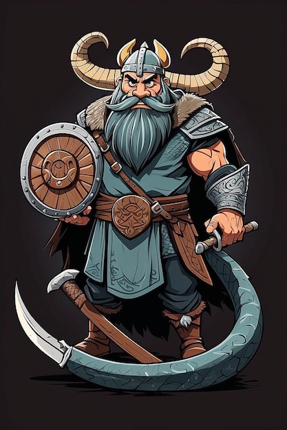 Personaje vikingo Antiguo guerrero escandinavo con espada y escudo de madera con emblema de serpiente Vector