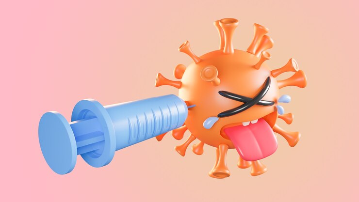 Personaje de virus de colona naranja lindo llorando que se inyecta con jeringa sobre fondo pastel.