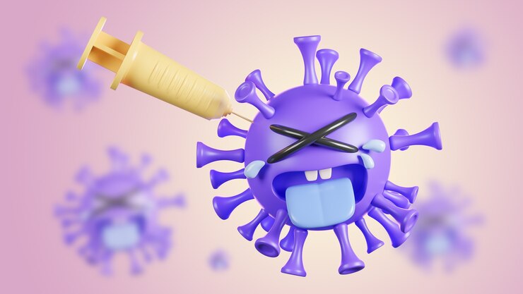 Personaje de virus de colona púrpura lindo llorando que se inyecta con jeringa sobre fondo pastel., Vacuna covid-19., Modelo 3d e ilustración.
