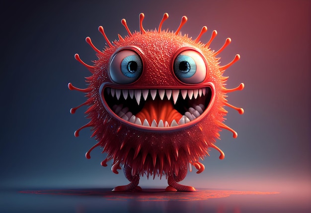 Personaje de virus de dibujos animados rojo con ojos y boca 3d ilustración generativa ai