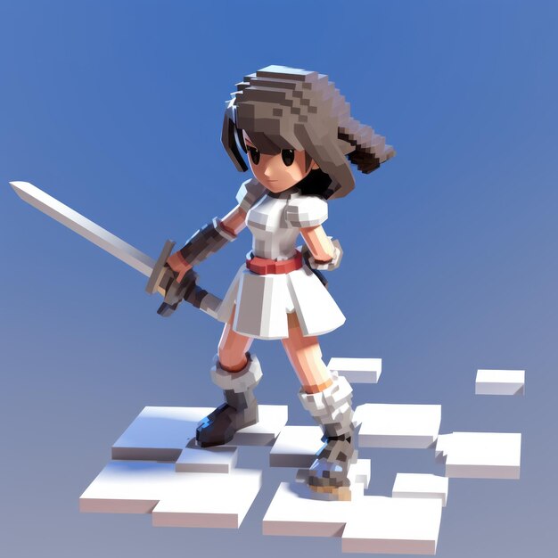 Foto el personaje de voxel art, mia pixel, es una espadachina con un diseño expresivo.