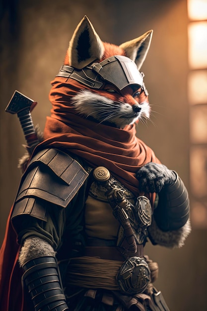 personaje de zorro con ropa de estilo ninja, usando espada samurai, ai creative