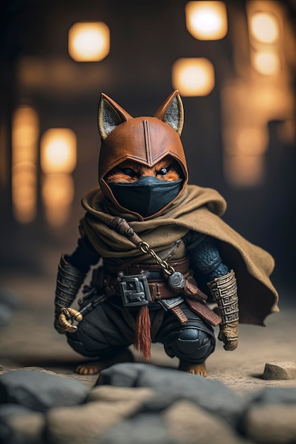 personaje de zorro con ropa de estilo ninja, usando espada samurai, ai creative