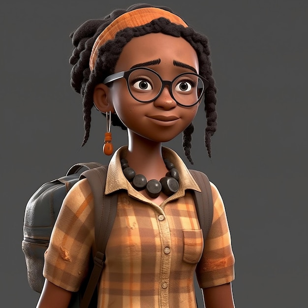 Personajes en 3D de una chica con gafas y una mochila.