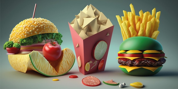 Personajes 3D de una ilustración de comida linda