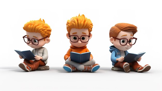 Personajes en 3D leyendo libros electrónicos y artículos