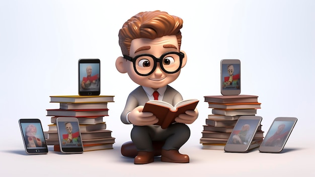 Personajes en 3D leyendo libros electrónicos y artículos
