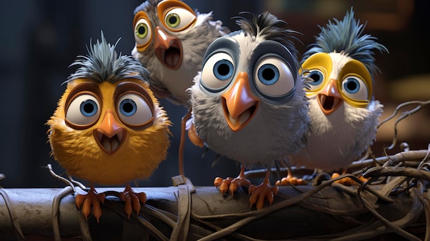 Personajes en 3D observando el comportamiento de las aves cara linda