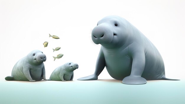 Foto personajes en 3d observando manatíes y dugongs