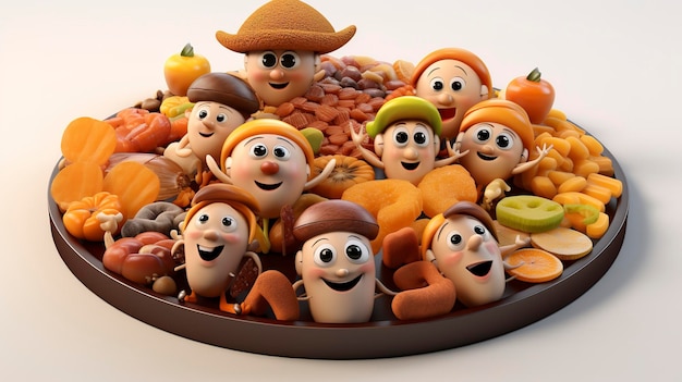 Personajes 3D que organizan una exhibición de frutas secas mixtas