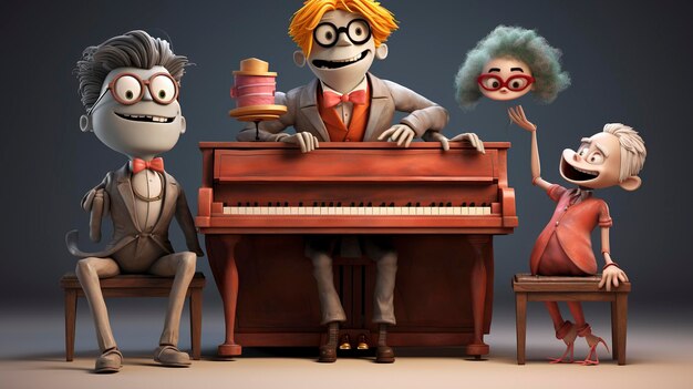 Personajes en 3D que usan pianos erguidos cara linda