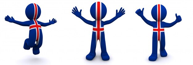 Personajes en 3D con textura con bandera de Islandia