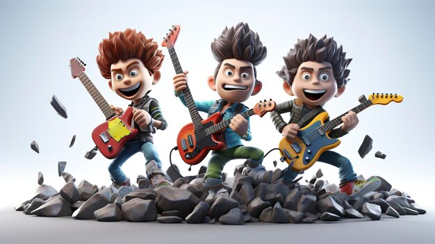 Foto personajes 3d tocando en una cara linda de una banda de rock