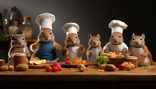 Foto personajes animales carismáticos y amigables que exploran técnicas de cocina, ingredientes y utensilios.