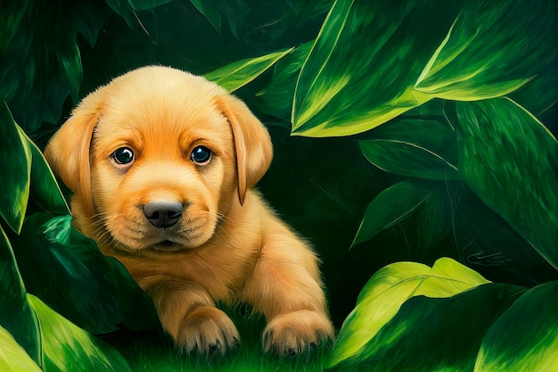 Personajes animales para dibujos animados Lindos cachorros emocionales Fondo verde con flores en el bosque