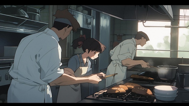 Personajes de anime en una cocina preparando comida en una estufa generativa ai