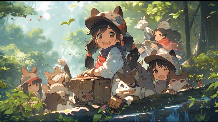 Los personajes de anime están sentados en un tronco en el bosque.