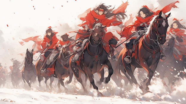personajes de anime montando caballos en una línea con capas rojas generativo ai