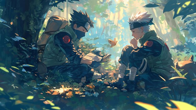 personajes de anime sentados en el bosque con un libro generativo ai