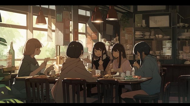 Personajes de anime sentados en una mesa comiendo y bebiendo vino generativo ai