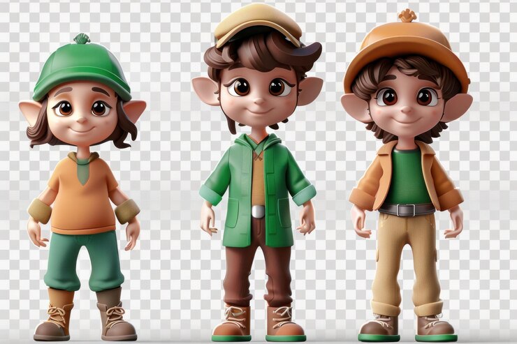 Foto personajes coloridos de pie frente a un fondo transparente en trajes de moda para viajes y eventos de negocios