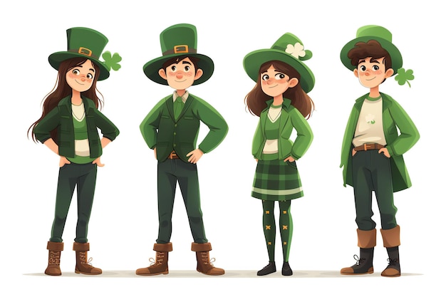 Personajes del Día de San Patricio con trajes y sombreros verdes festivos Perfectos para las celebraciones navideñas